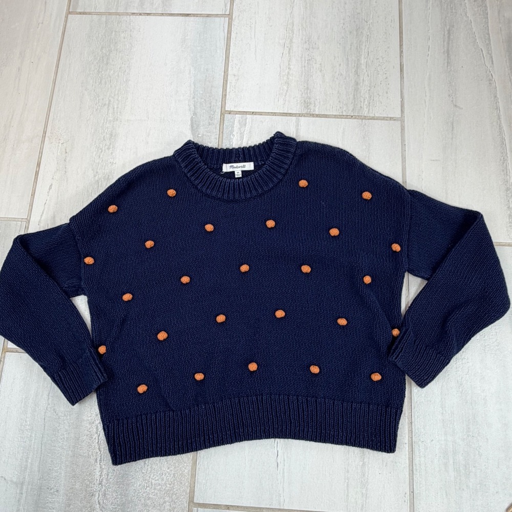 Madewell Navy Blue Cotton Bobble Pom Pom Sweater XS Crewneck Chunky Knit